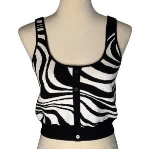 SO Black White Zebra Swirl Button Front‎ Knit Cropped Sweater Tank Top Medium